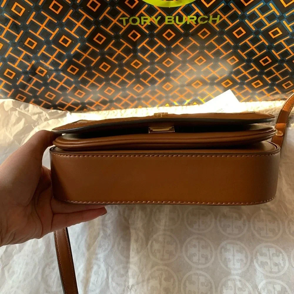 Tory Burch Emerson Woven Crossbody Bag Multicolor Orange White Tan Brown Gold - Picture 6 of 15
